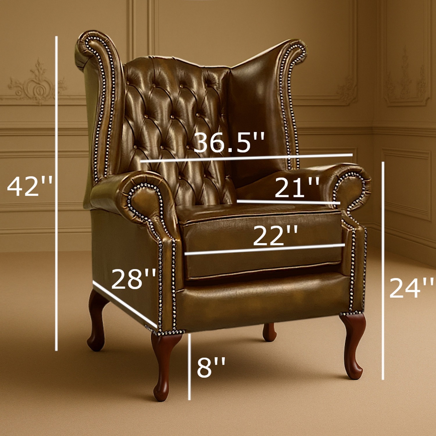 Scrolled Wingback Chesterfield Leather Arm Chair - Brown