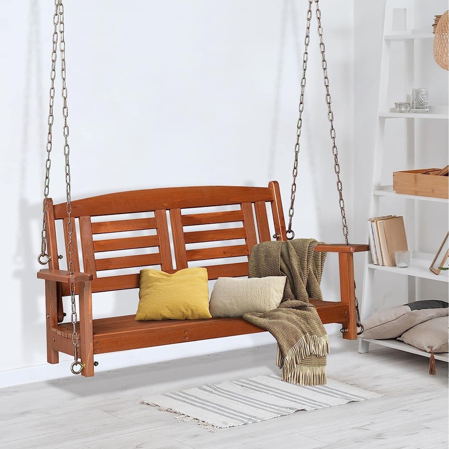 2 Seater Wooden Swing Chair Garden Patio Bench With Chains Brown - Brown