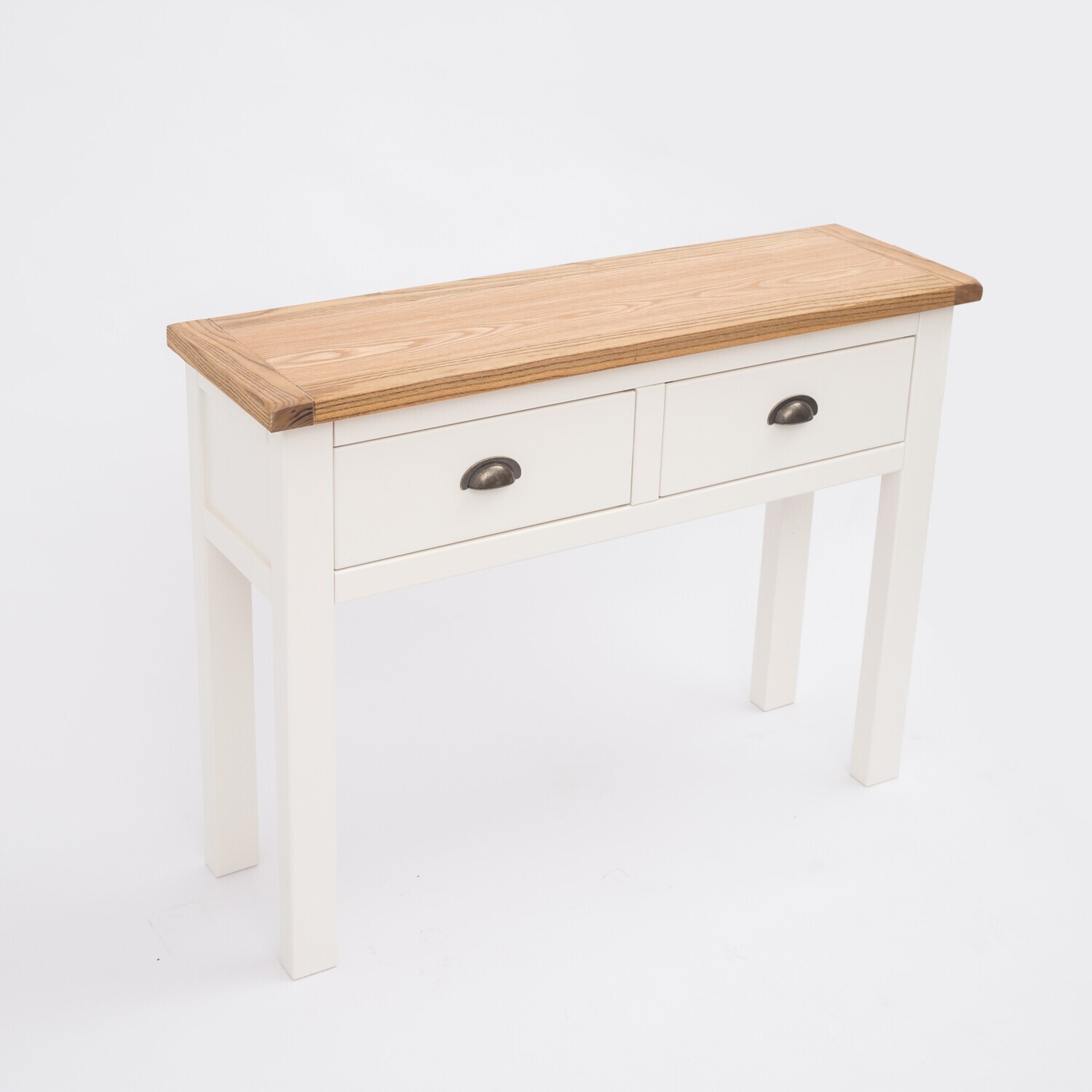 Lovere 2 Drawer Console Table - Satin Chrome Handles - Off White / Antique Brass Cup