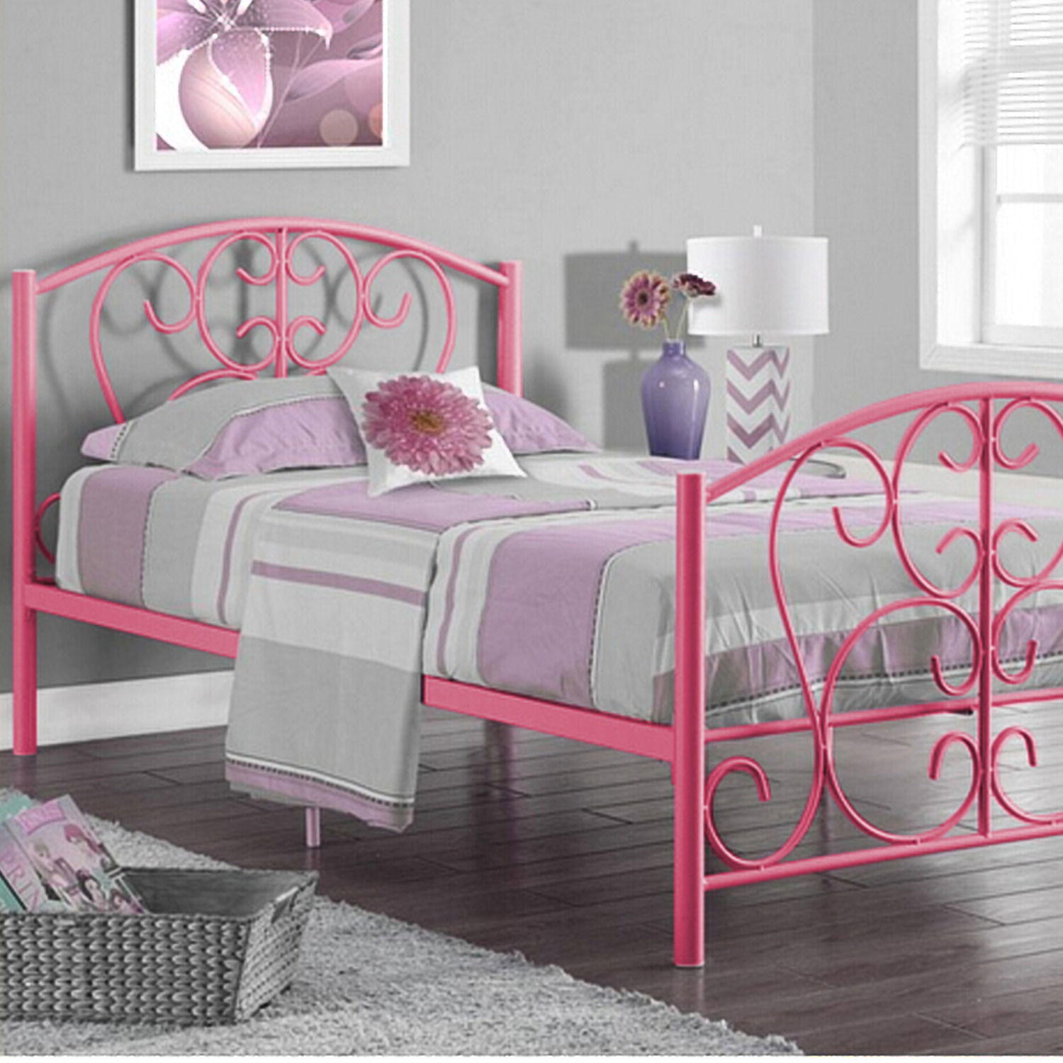 3ft Pink Metal Scroll Effect Bed Frame - Pink