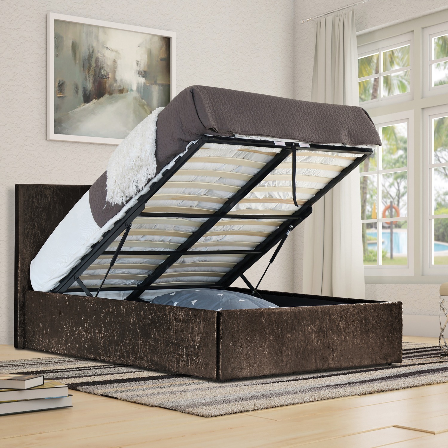 Crushed Velvet Ottoman Bed Frame - Brown Double