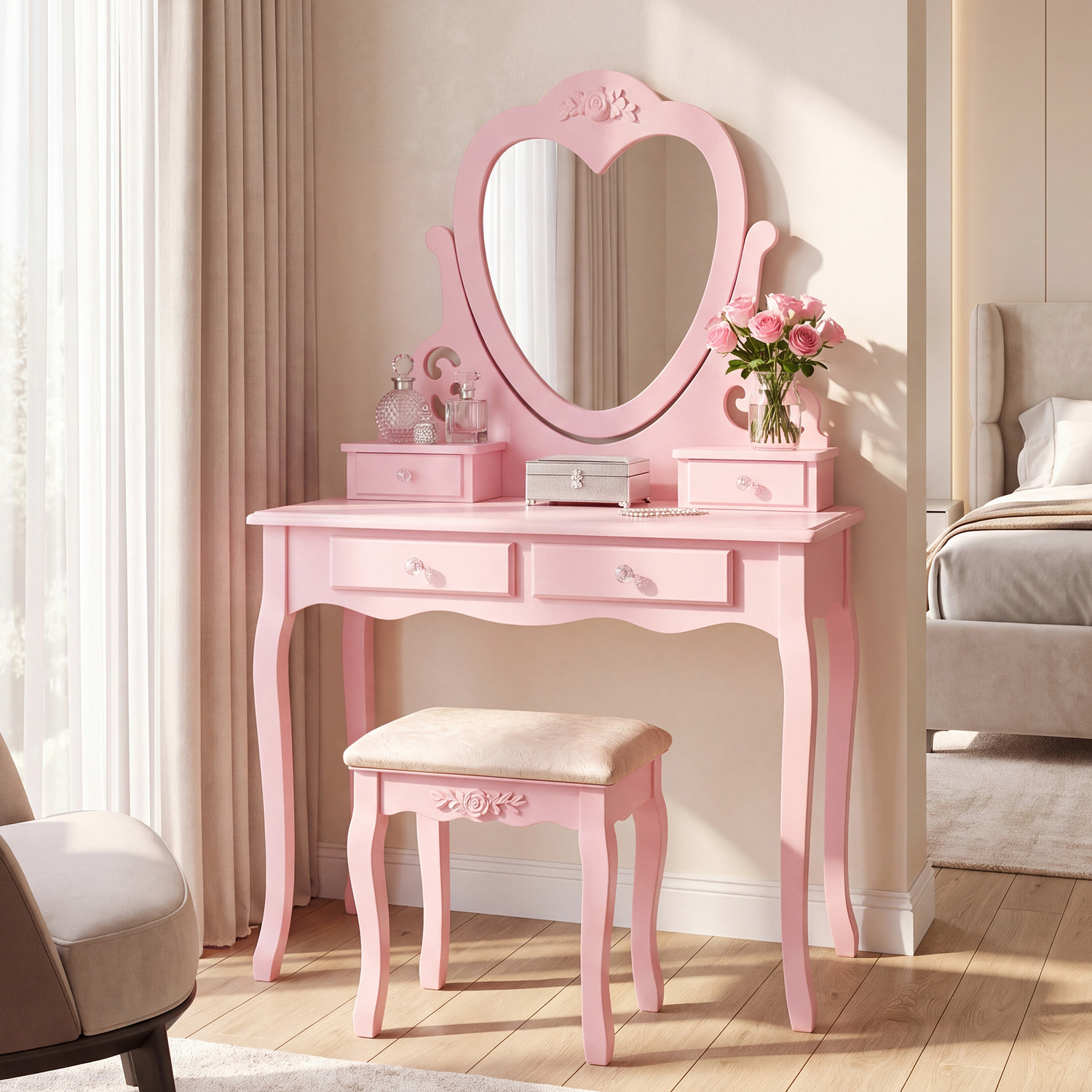 Kosy Koala Love Heart Dressing Table With Mirror And Stool - Pink